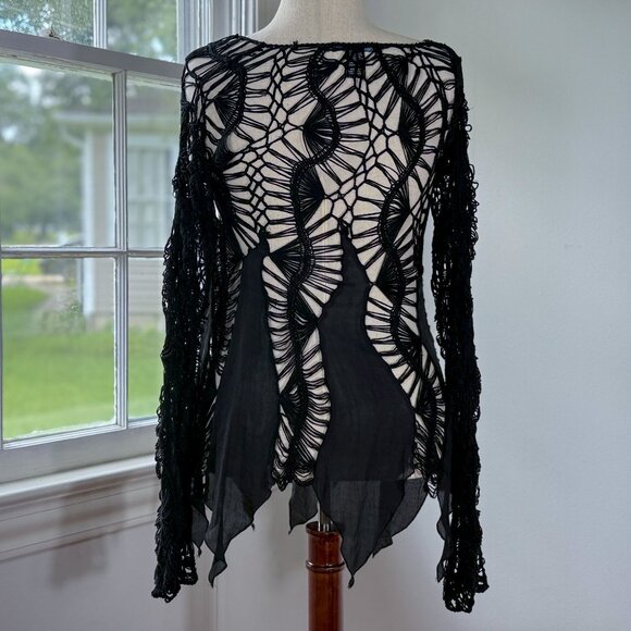 SOLD Sioni Black Sweater Open Knit Medium Large Handkerchief Hem Witchy Goth - Picture 2 of 10